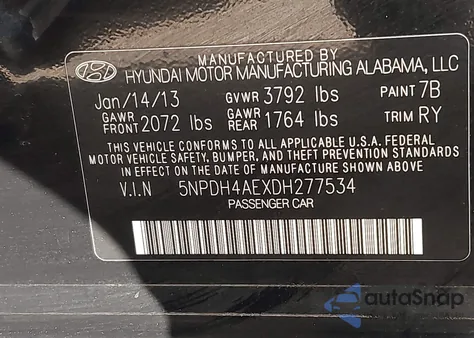 2013 Hyundai Elantra Limited from USA, damaged, VIN 5NPDH4AEXDH277534